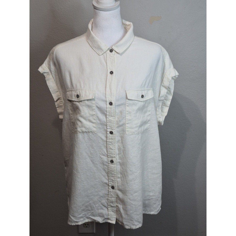 PrAna Hemp Blend Button Down Shirt Women's Medium Cream Coastal Minimalist